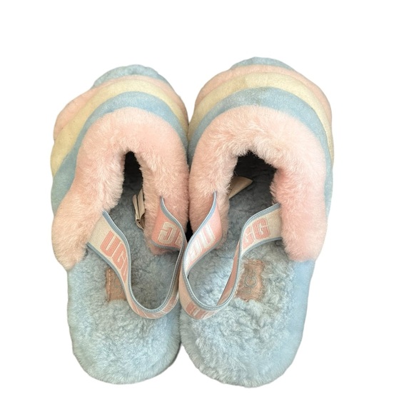 UGG Pastel Fluff Yeah Furry Pride Slingback Striped Pink Blue Slippers Sandals - Picture 7 of 12
